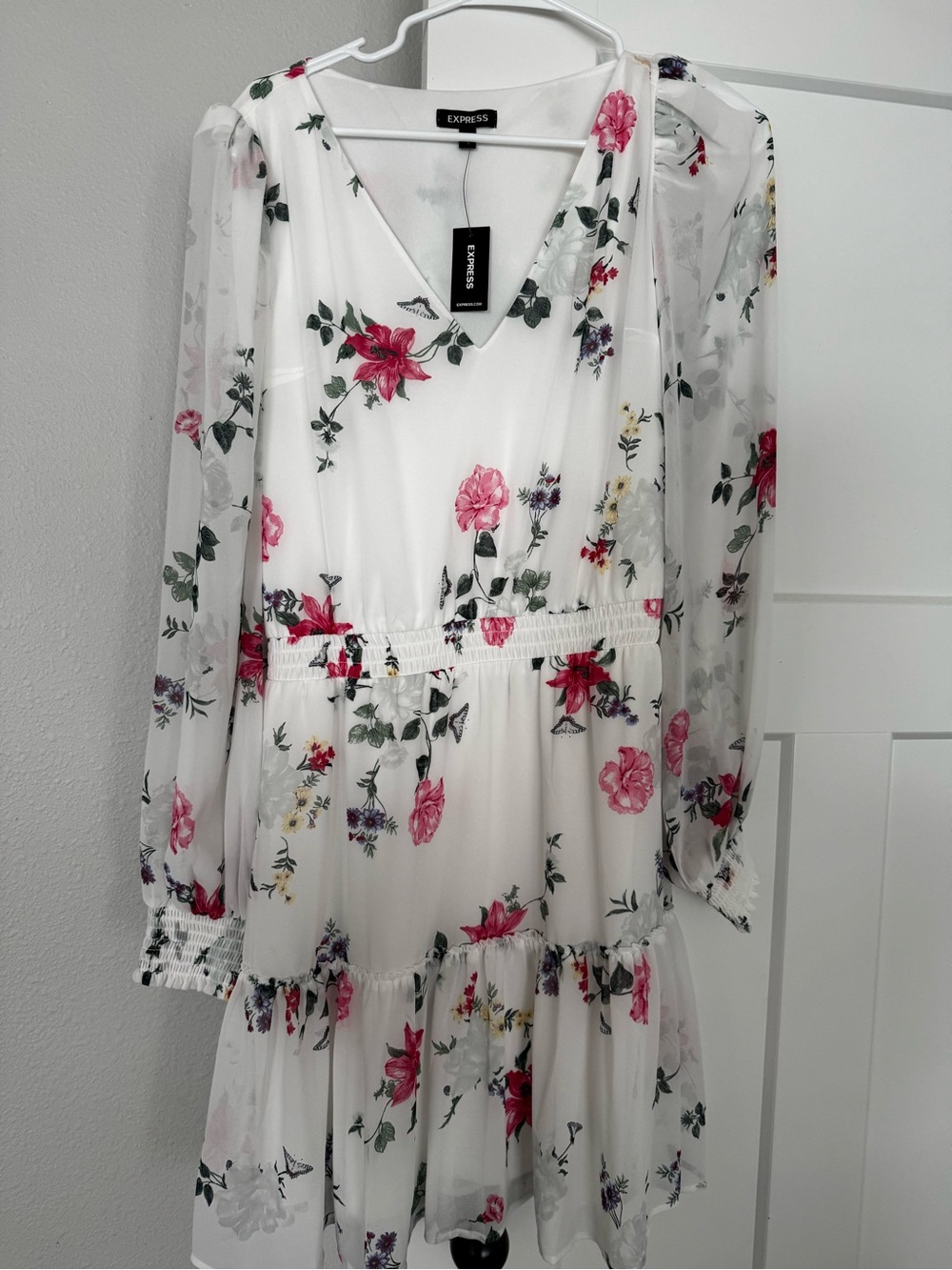 Express White Floral V-Neck Long Sleeve Dress with Pink & Green Print